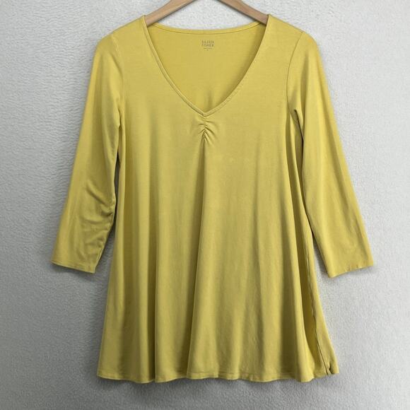 Eileen Fisher Tops - EILEEN FISHER Top S Viscose Stretch Jersey Tunic Ruched V-Neck 3/4 Sleeve Yellow